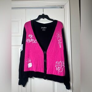 Torrid Love Sick Long Sleeve Pink Black Graffiti OH PLS Button Front Cardigan